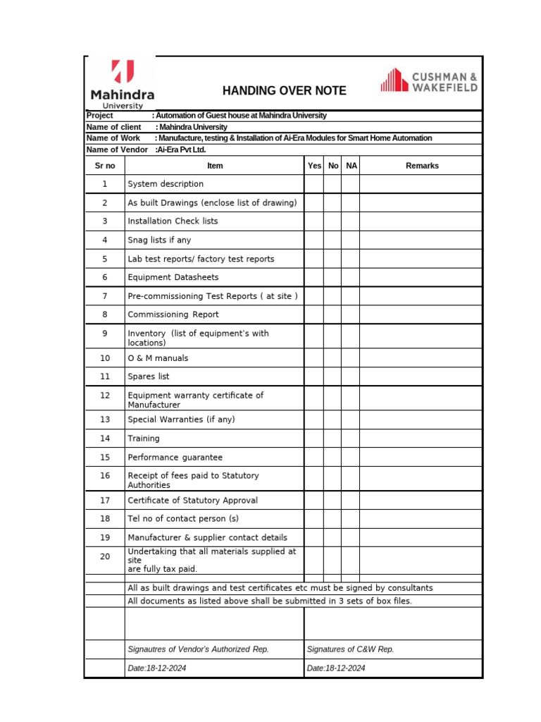 Handing Over Note | PDF