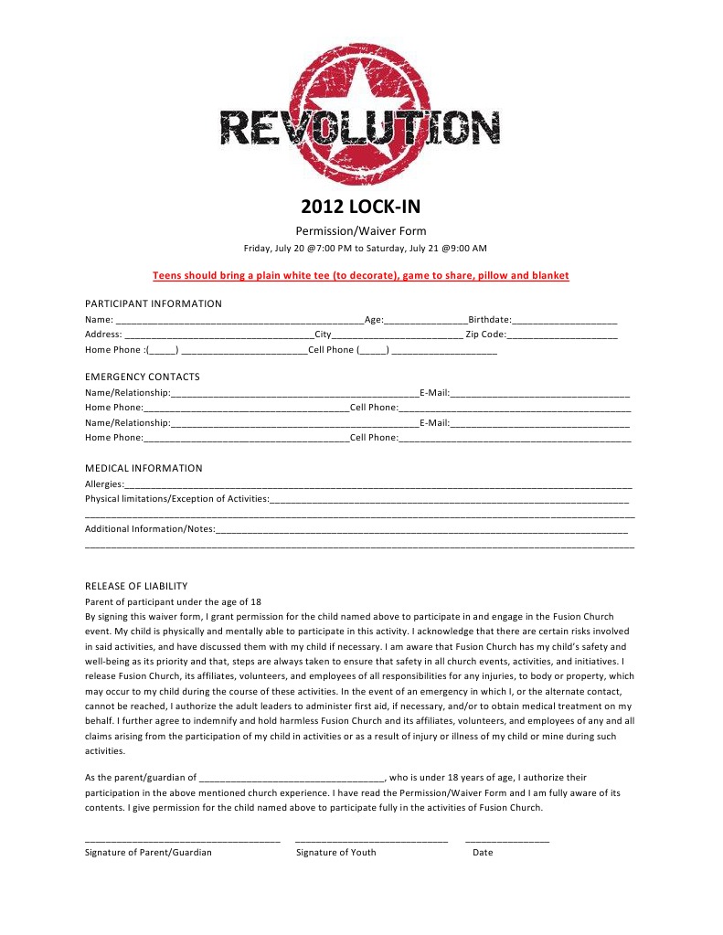2012 Fusion Church Lock-In Waiver Form | PDF