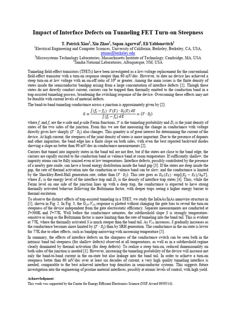 2.impact of Interface Defects On Tunneling FET Turn-On Steepness | PDF ...