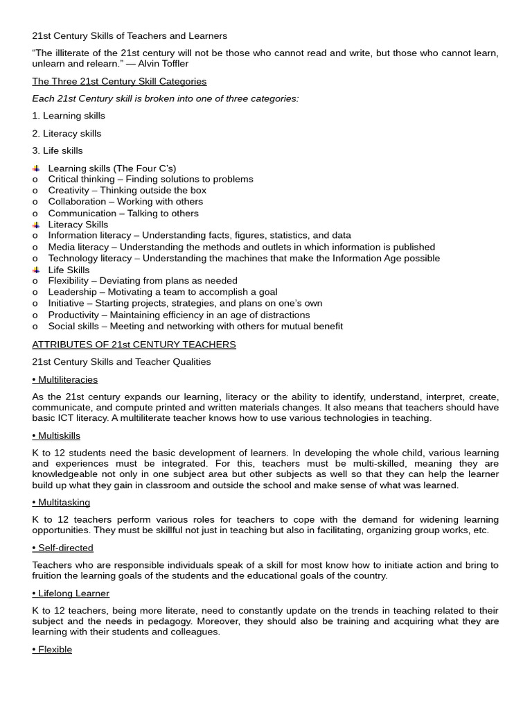 21st Century Skills of Teachers and Learners - Reviewer | PDF ...