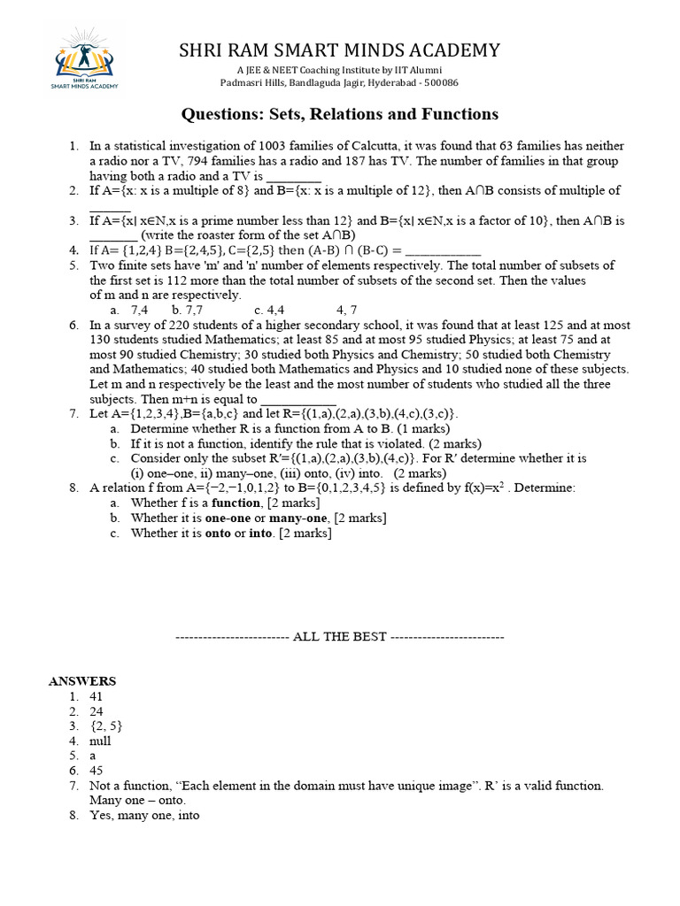 Questions - Sets and Relations | PDF | Function (Mathematics) | Numbers
