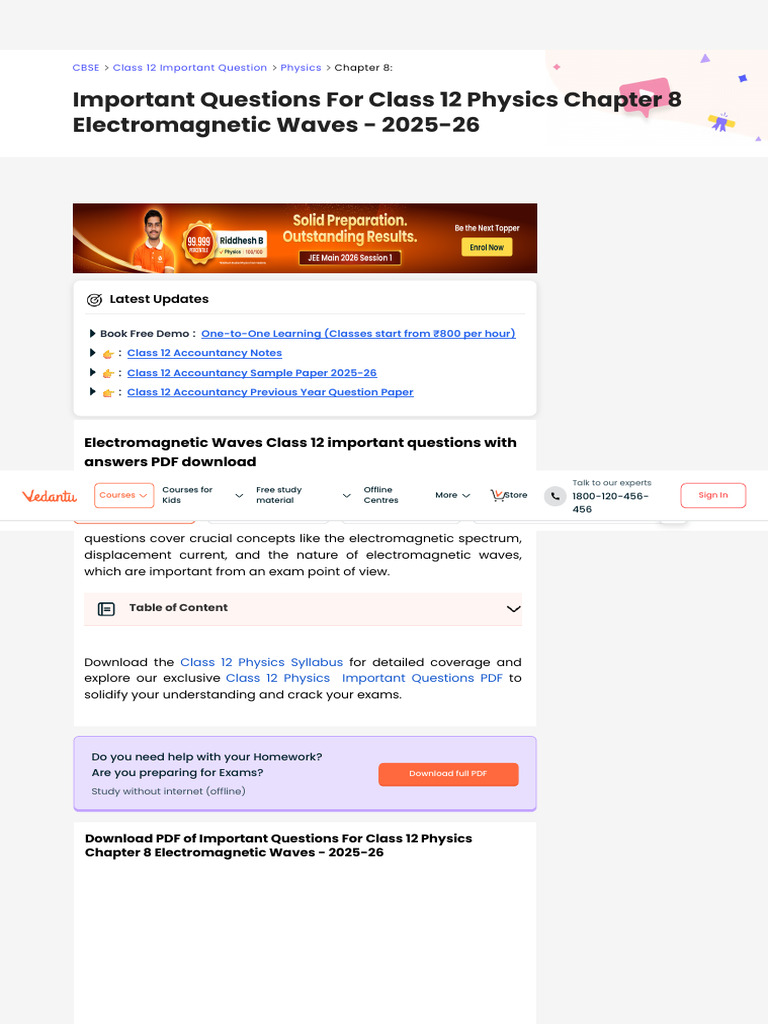 Important Questions Class 12 Physics Chapter 8 - Free PDF | PDF ...