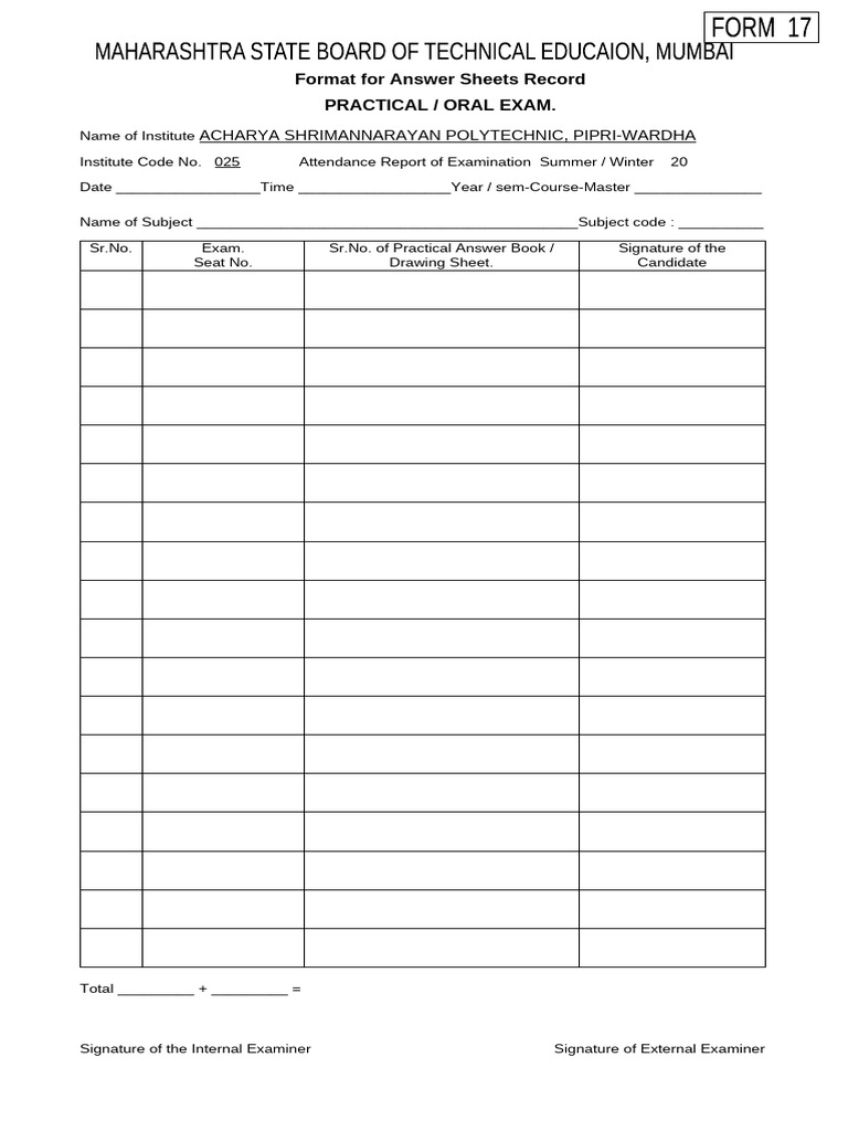 Answer Sheets Record (Form No. 17) | PDF