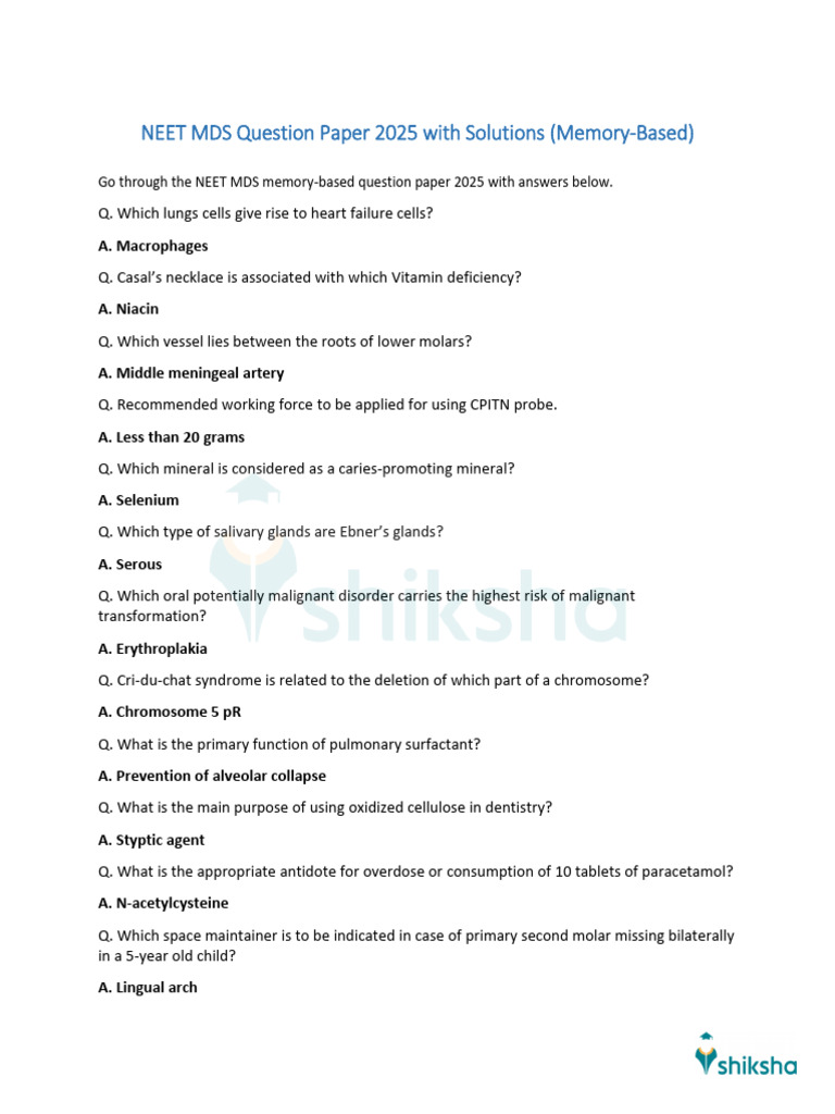NEET MDS Question Paper 2025 With Solutions (Memory-Based) | PDF