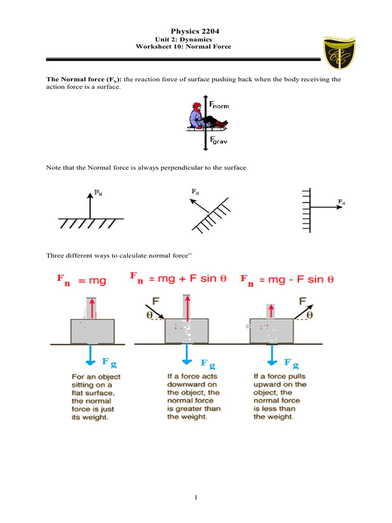 Physics 2204 Worksheet 10 Normal Force 2014-2015 | PDF | Force ...