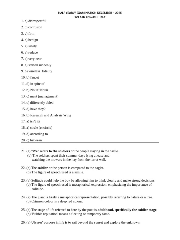 Half Yearly Exam 2025 Eng Key | PDF