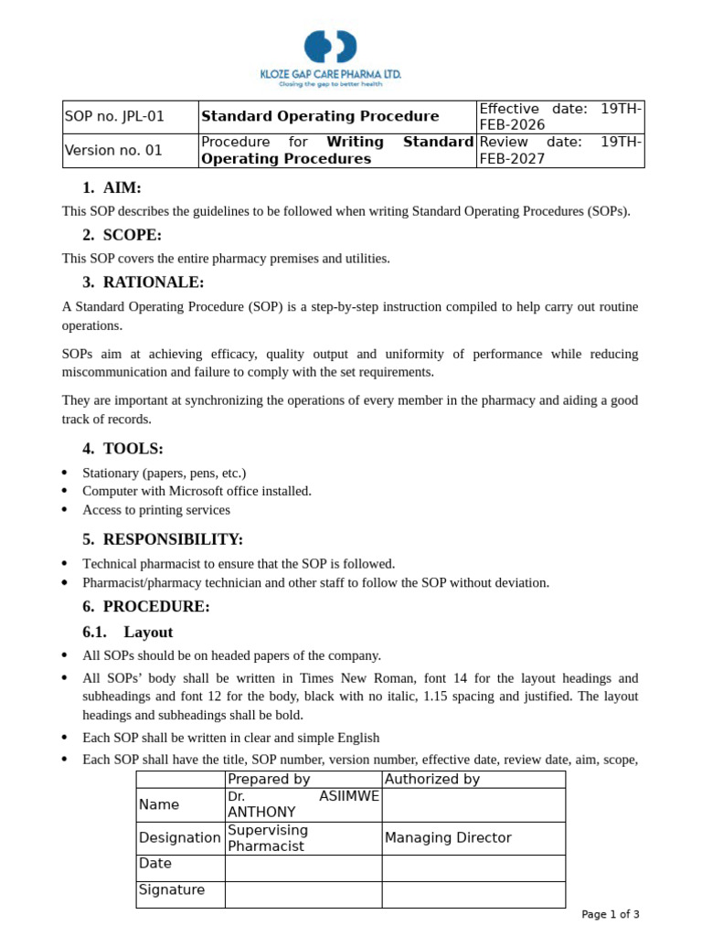 SOP For SOPs | PDF | Pharmacist | Pharmacy
