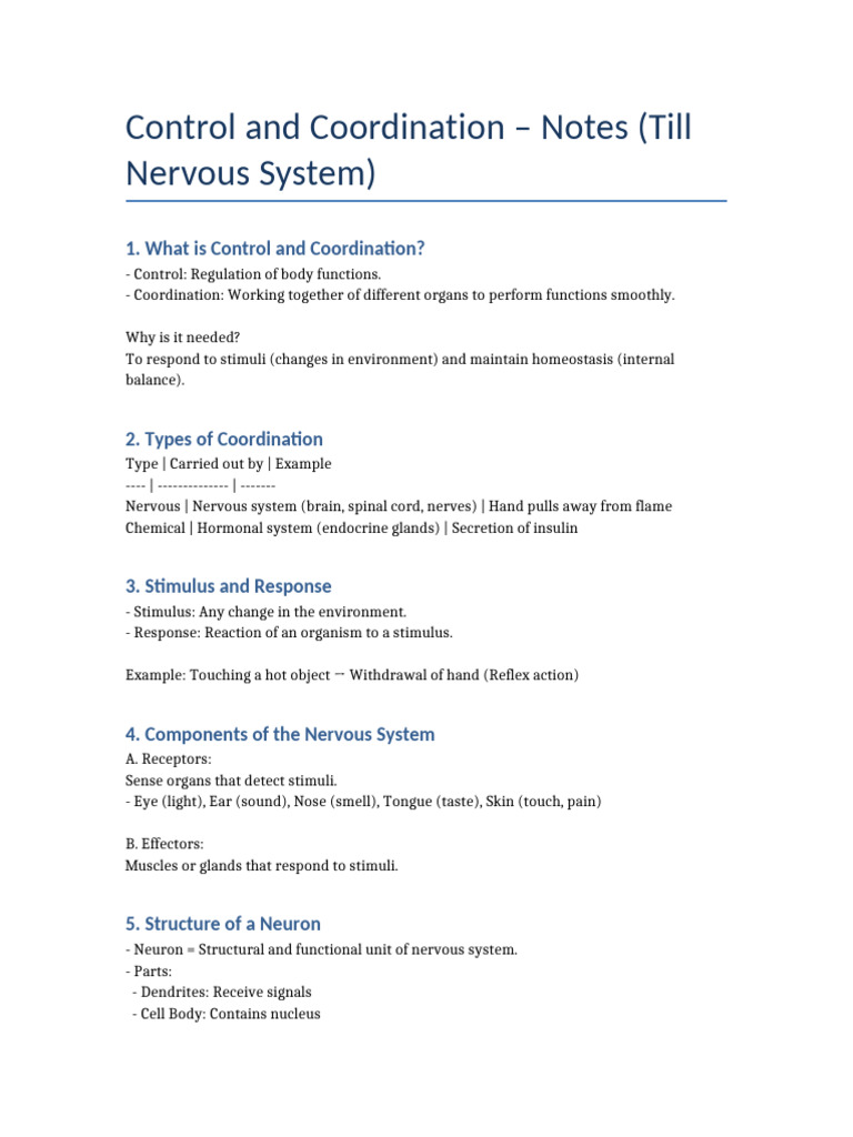 Control and Coordination Till Nervous System Notes | PDF