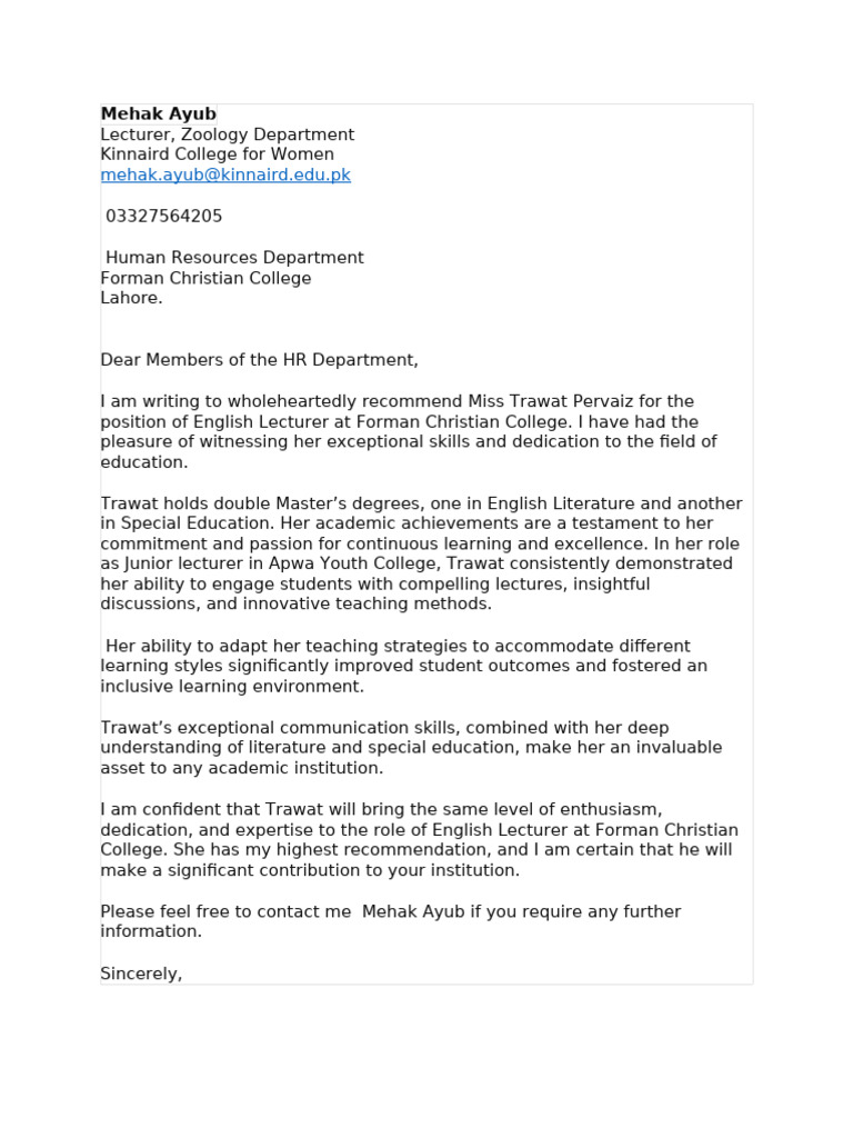 Mehak Ayub Reference Letter 1 | PDF