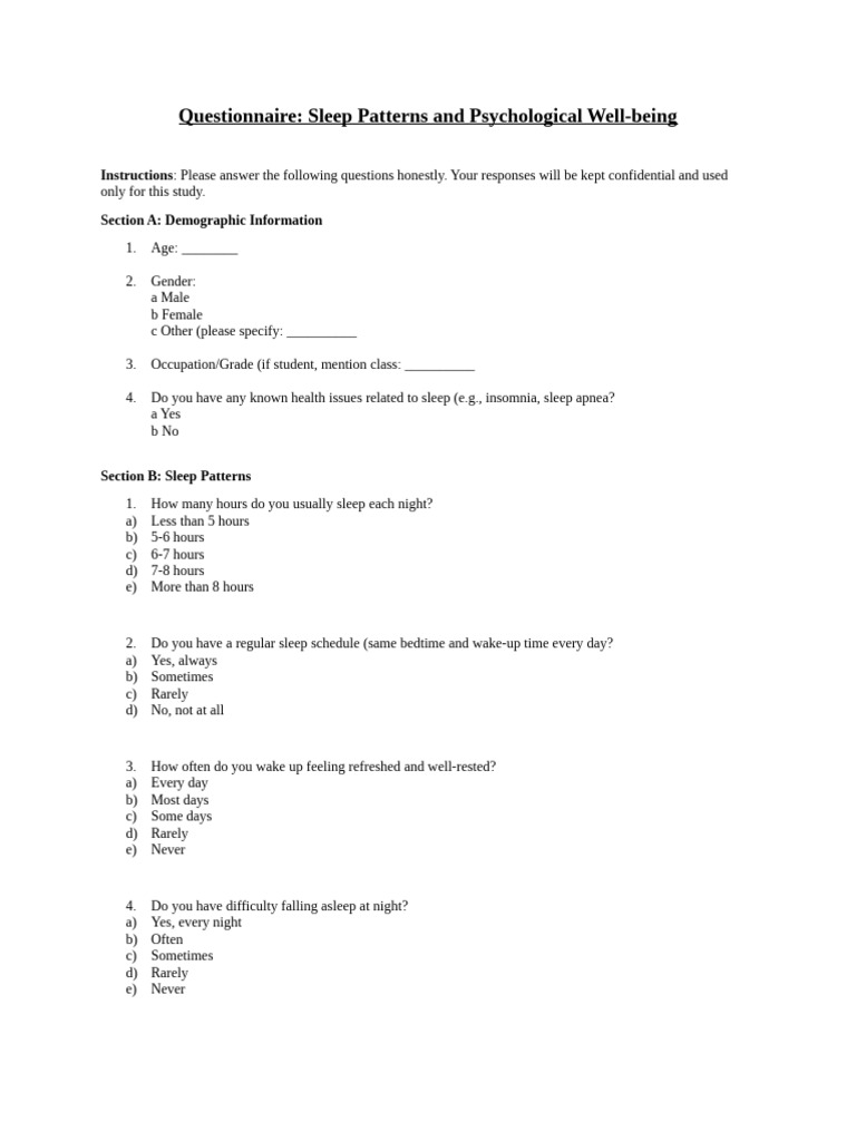 Questionnaire Sleep Patterns and Psychological Well Being | PDF | Sleep ...