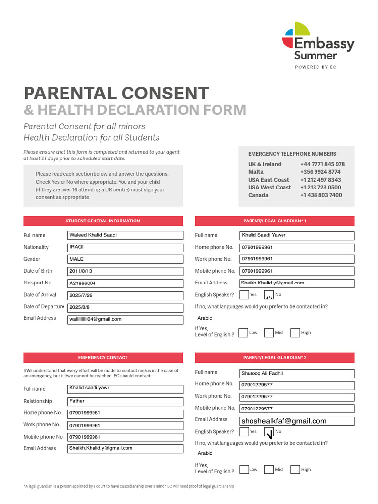 Parent Consent Form Embassy Summer 2025 - Fillable | PDF | Informed ...