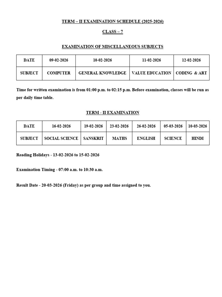 Class - 7 Term - II Examination Schedule (2025-2026) | PDF