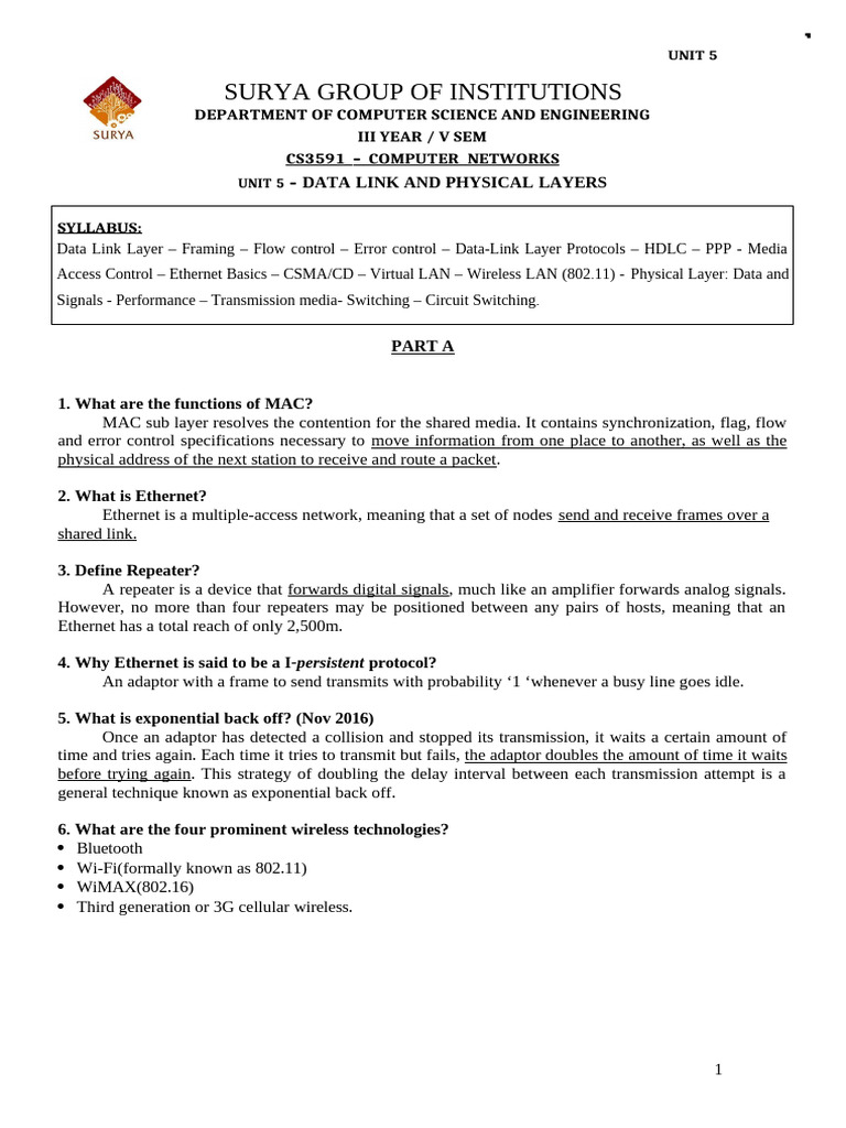 Unit-5 CN Two Mark With Answers | PDF | Computer Network | Network Switch