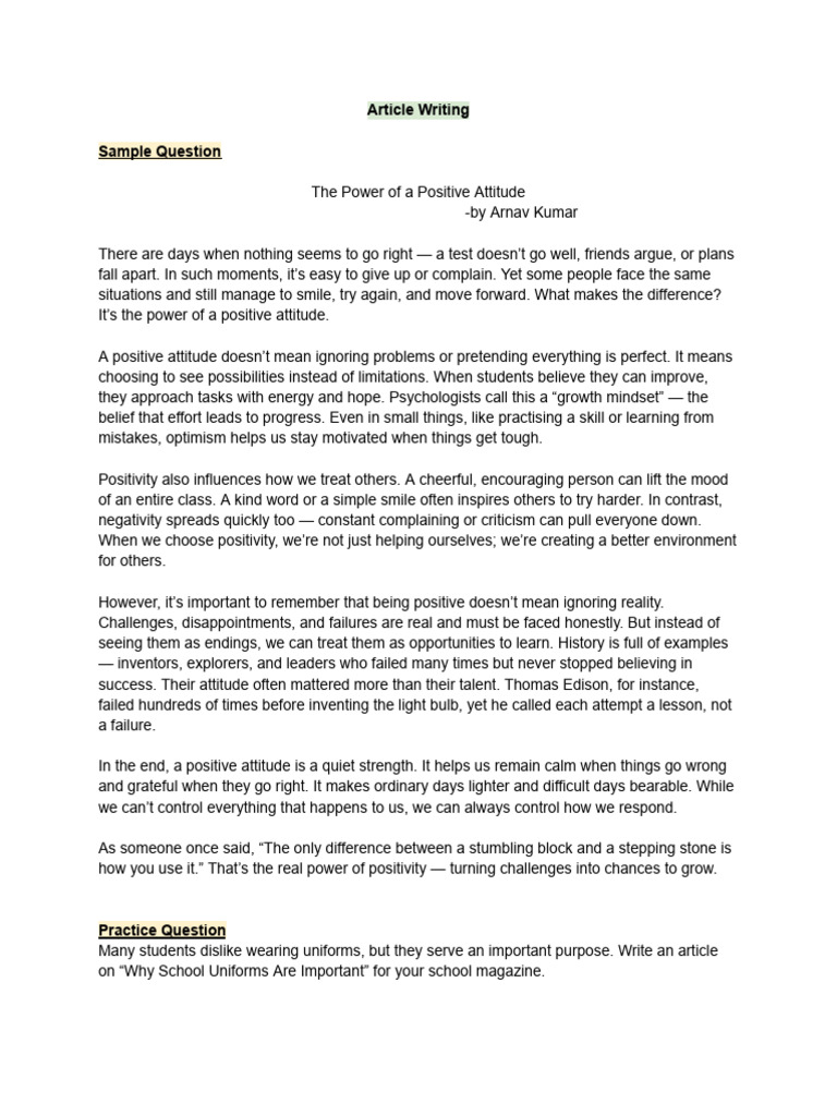 Article Writing Sample and Practice Question | PDF | Cognitive ...