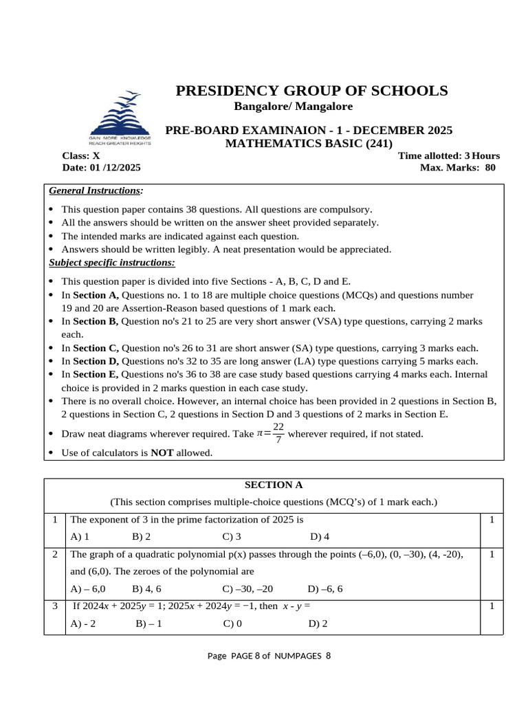 Pgs g10 Math Basic QP Pb1 - Term - 25-26 | PDF | Circle | Square Root