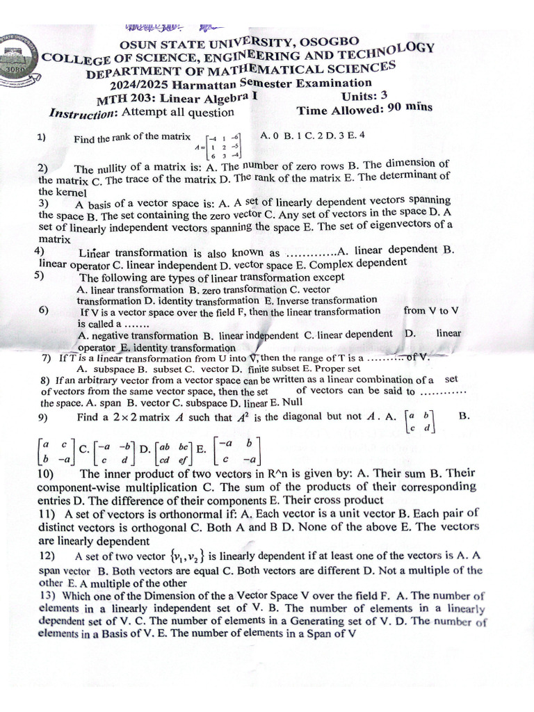 MTH 203 Exam Past Questions | PDF