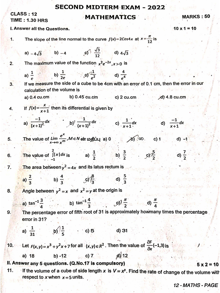 12th Maths 2nd Mid Term Exam 2022 2023 English Medium PDF Download | PDF