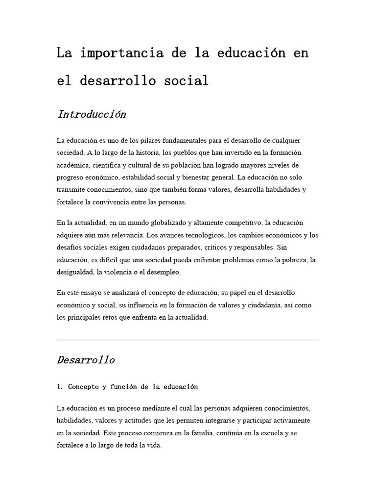 La Importancia de La Educación en El Desarrollo Social | PDF ...