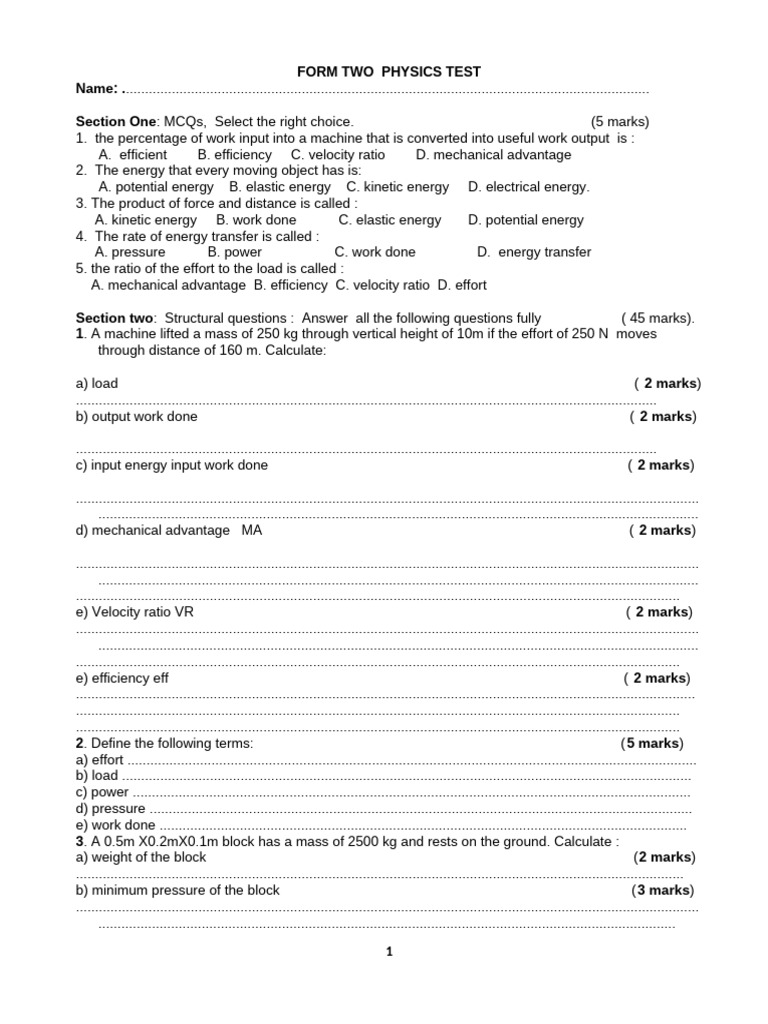 Form Two D Physics Test | PDF | Potential Energy | Kinetic Energy