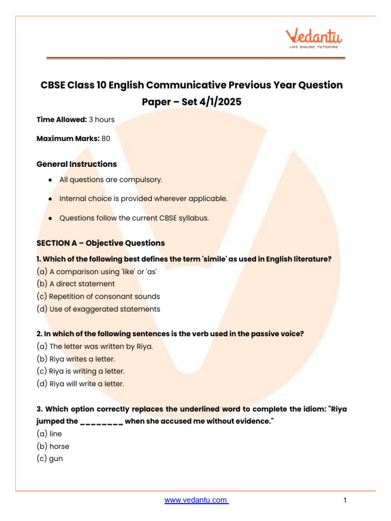 CBSE Class 10 English Communicative Set 4 2025 - Question Paper PDF ...