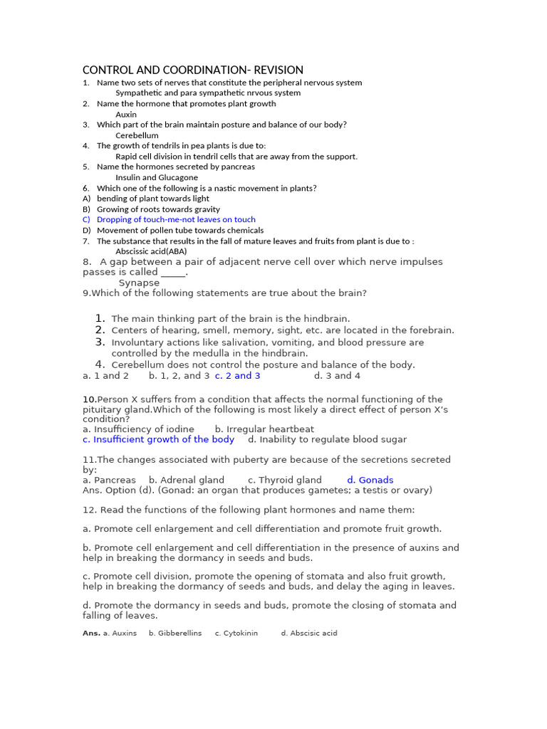 Control and Coordination - Revision | PDF | Plant Hormone | Hormone