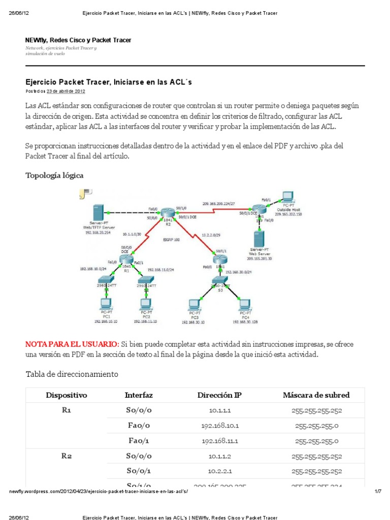 Configuración de ACL en Packet Tracer | PDF | Enrutador (Computación ...