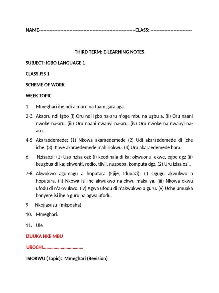 New JS1 Igbo L1 3RD Term-E Notes | PDF | Linguistic Morphology ...