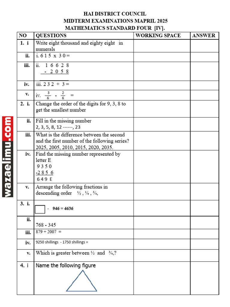 Midterm Mathematics STD IV | PDF