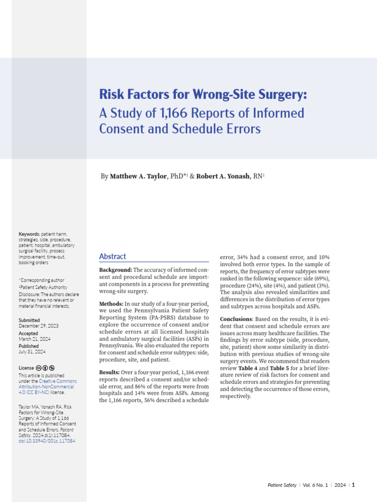 Risk Factors For Wrong-Site Surgery:: A Study of 1,166 Reports of ...