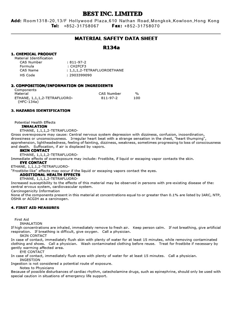 R134a MSDS | PDF | Dangerous Goods | Fires