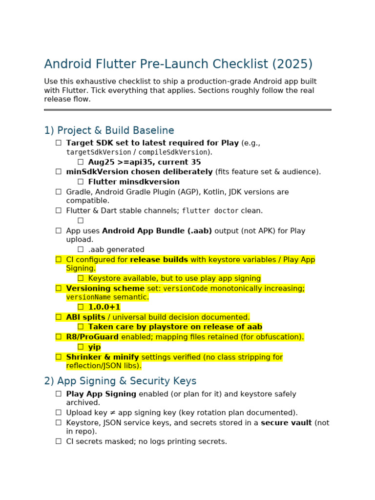 Android Flutter Pre Launch Checklist (2025) | PDF | Mobile App ...