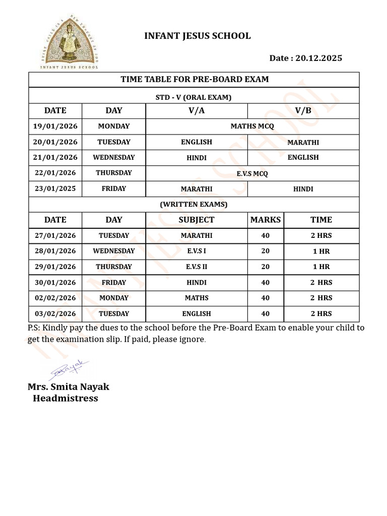 STD V Exam Time Table of Pre-Board Exam 2025 | PDF