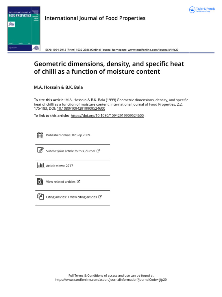 Geometric Dimensions Density and Specific Heat of Chilli As A Function ...