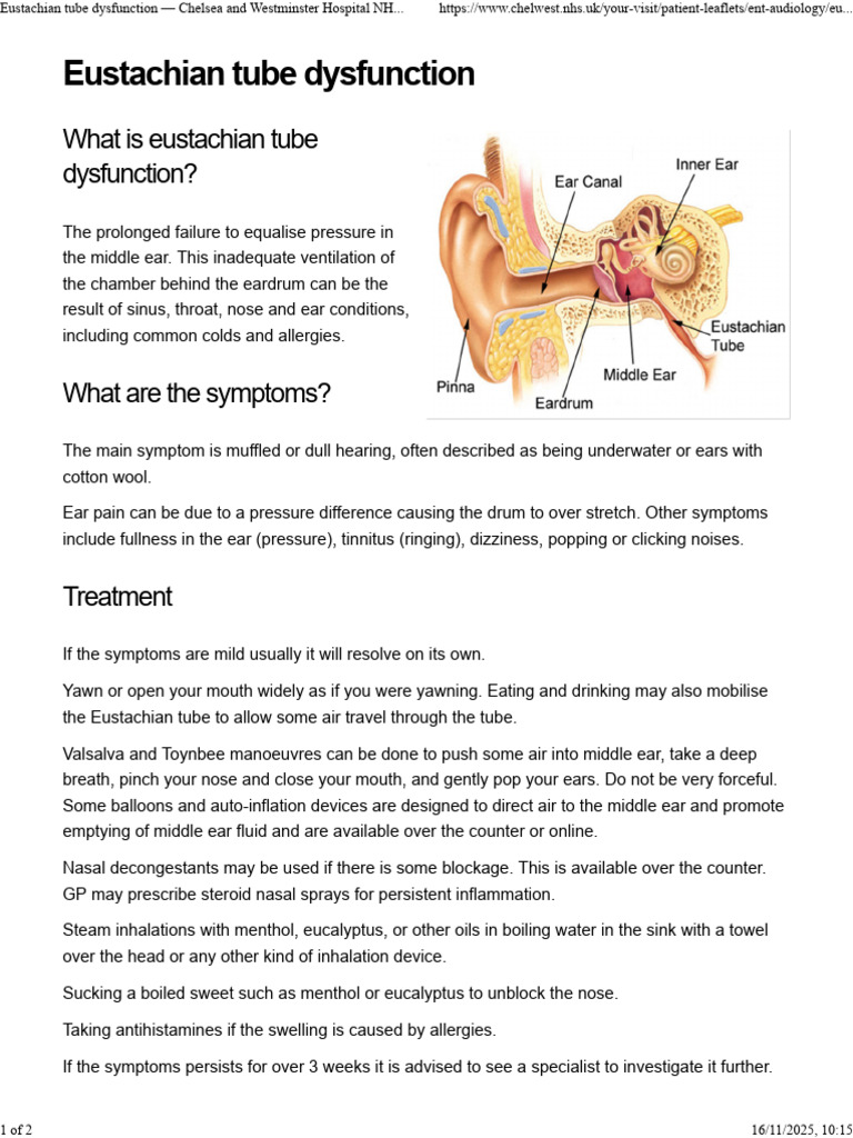 Eustachian Tube Dysfunction - Chelsea and Westminster Hospital NHS ...