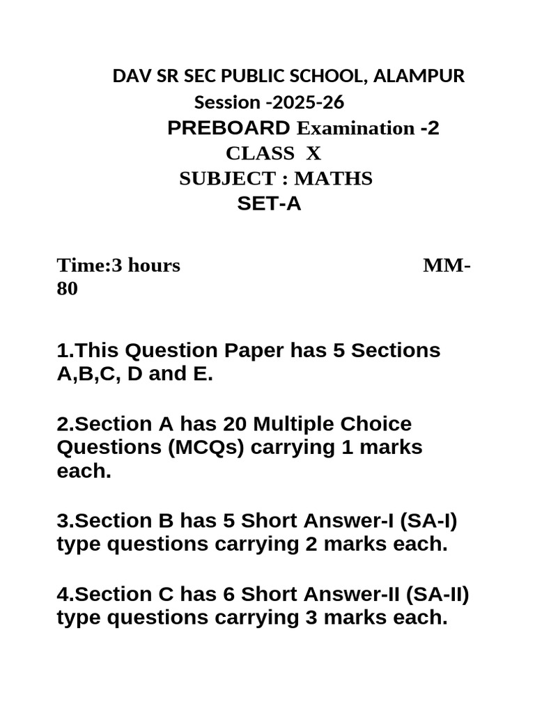 Class - X Maths Set-A PB-2 2025 | PDF | Circle | Area
