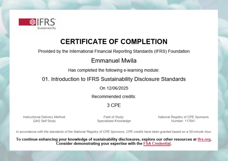 IFRS Sustainability Disclosure Standards - Emmanuel Mwila | PDF