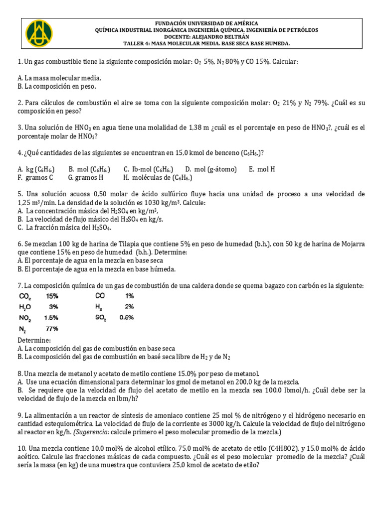 Taller 4 Masa Molec Media Base Seca y Humeda | PDF | Gas natural ...
