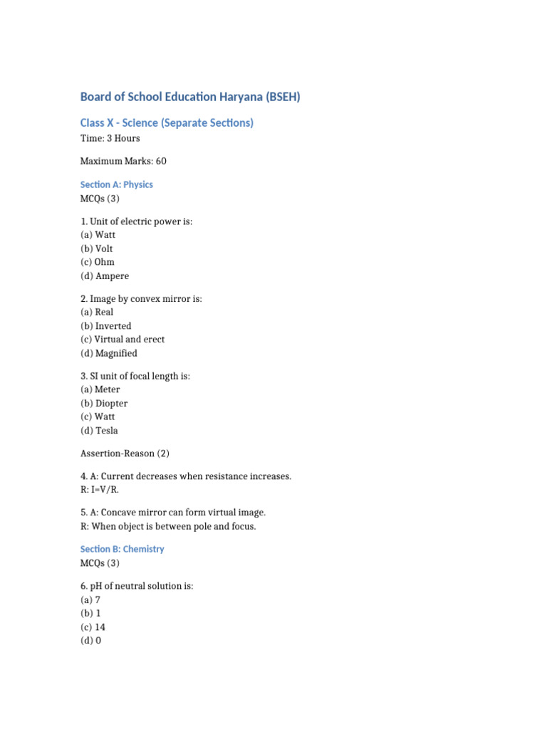 Class 10 Science Paper Separate Sections | PDF