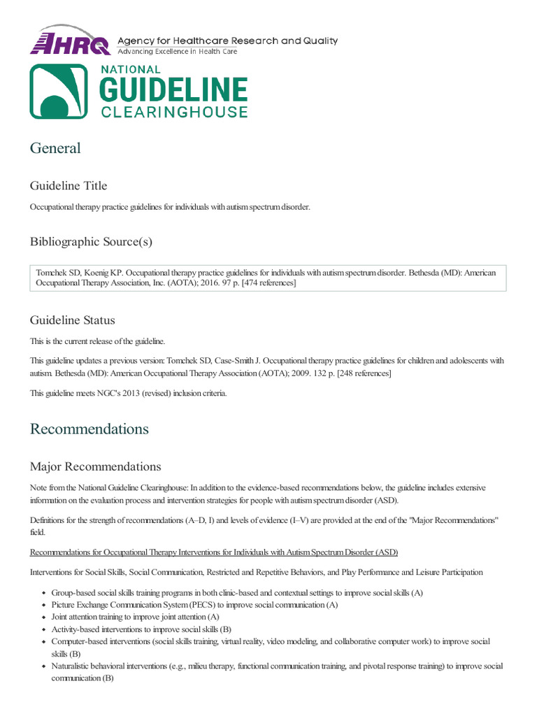 OT Guidelines ASD 2016 | PDF | Evidence Based Medicine | Systematic Review
