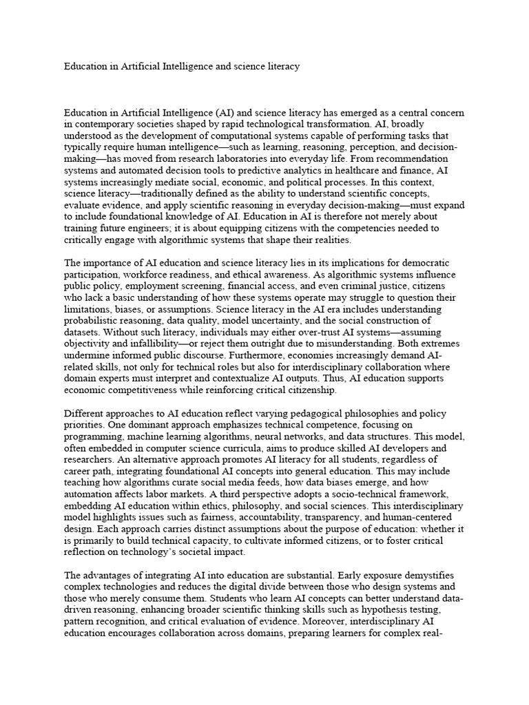 Education in Artificial Intelligence and Science Literacy | PDF