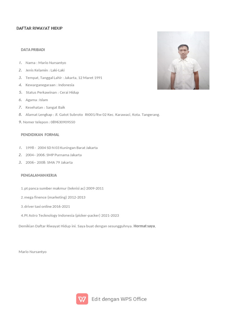 CV Dan Surat Lamaran Rio | PDF