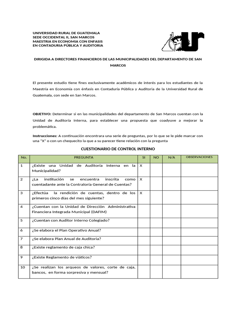 Cuestionario de Control Interno Corregido | PDF | Presupuesto | Auditoría