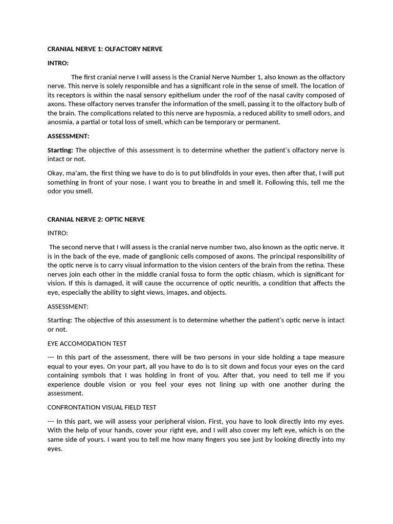 Cranial Nerve Assessment Script | PDF | Neuroanatomy | Human Anatomy