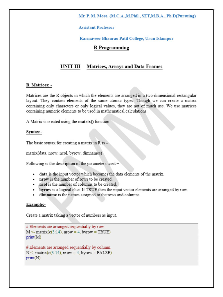 R Programming Unit III Notes | PDF | Matrix (Mathematics) | Software ...