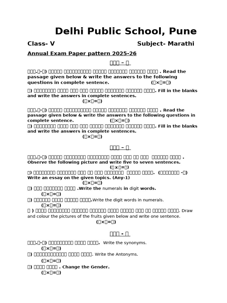 Paper Pattern For Annual Exam 202525class VMarathi | PDF