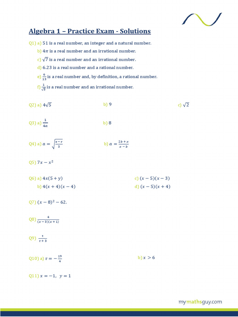 Algebra 1 Practice Exam Solutions | PDF