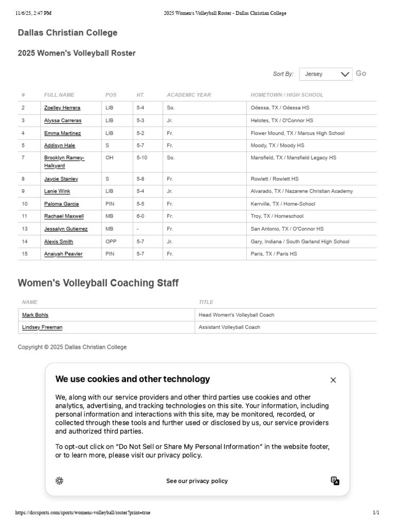 2025 Women's Volleyball Roster - Dallas Christian College | PDF