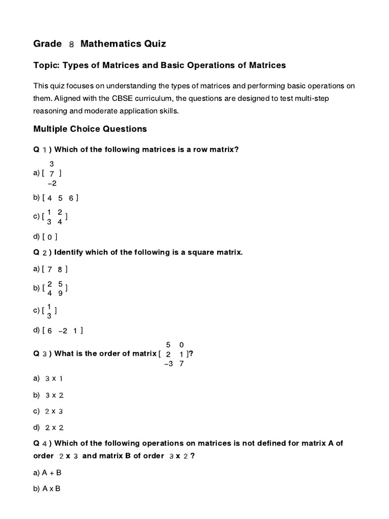 Quiz Worksheet Generator-Grade 8 Mathematics Quiz On Matrices - Types ...