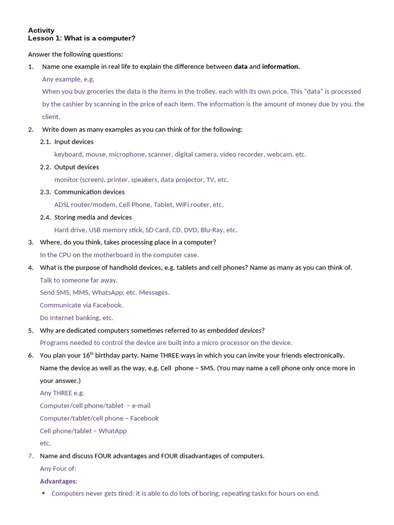 WhatIsAComputer ActivitySolution | PDF | Tablet Computer | Electronics