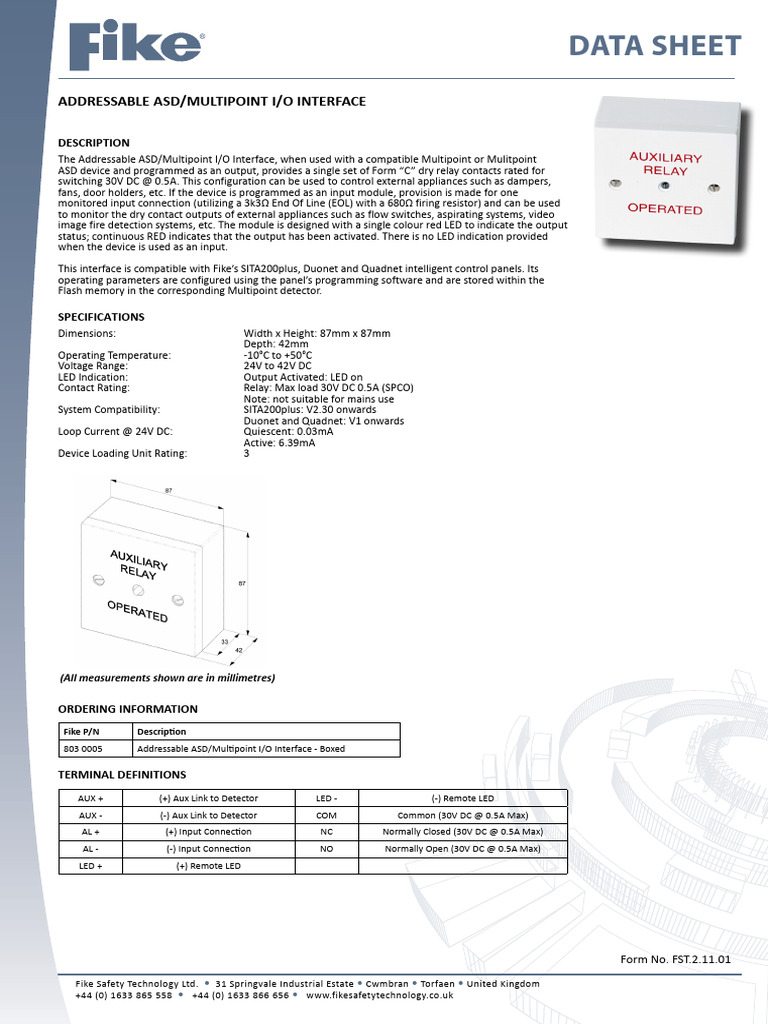 FST21101 Addressable ASD Multipoint IO Interface | PDF | Switch | Relay